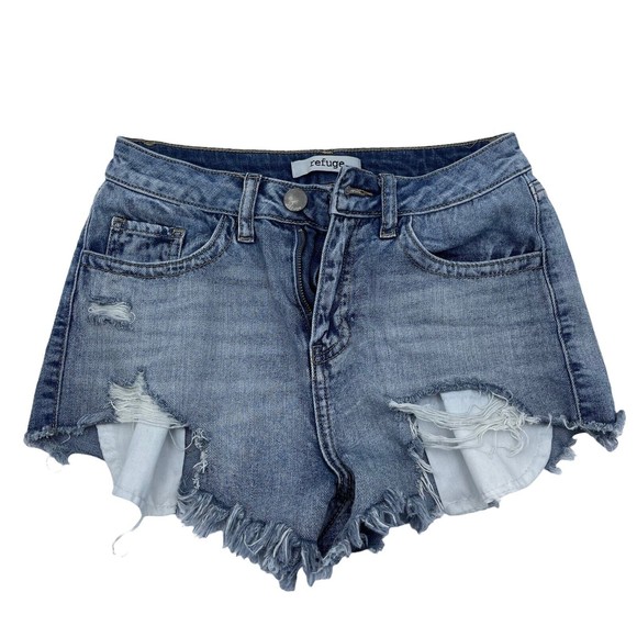 refuge Pants - REFUGE Denim Short Shorts Jr Ladies Sz 0 100% Cotton Frayed Distressed EUC!